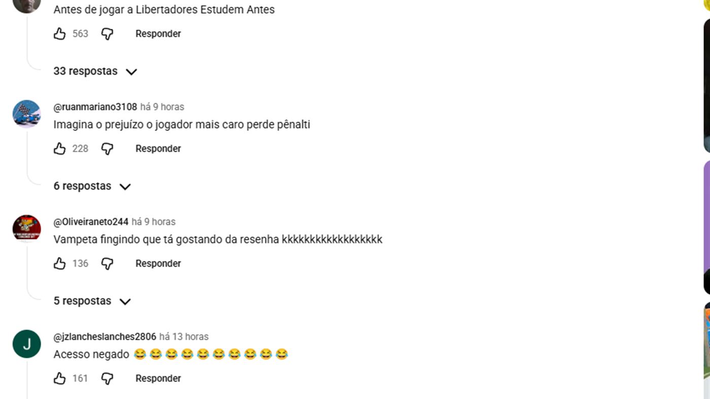 Comentários do público no vídeo da reação de Craque Neto ao pênalti perdido por Depay