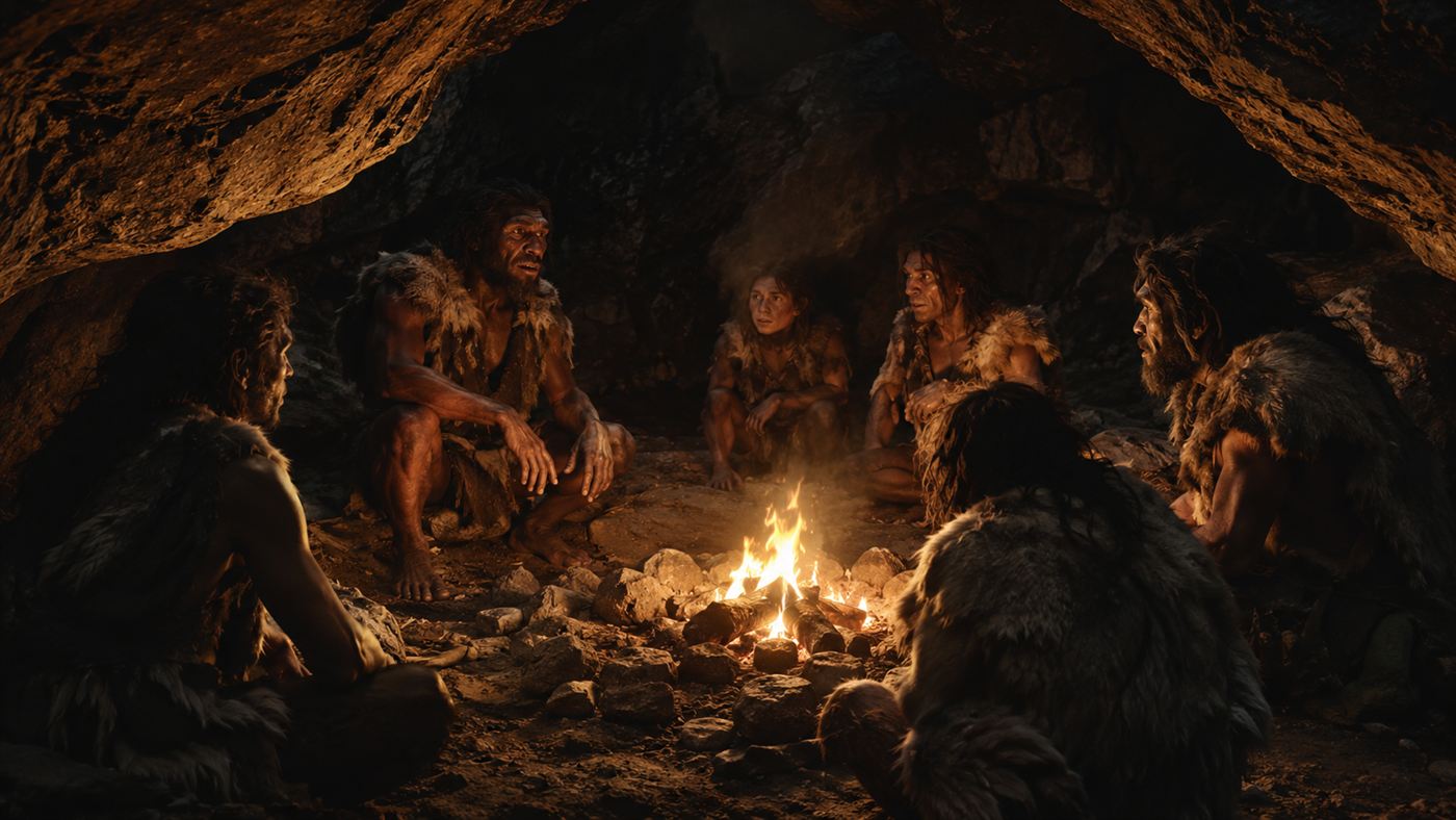 Early humans gathered around a small controlled fire deep inside a dark cave, firelight on the walls
