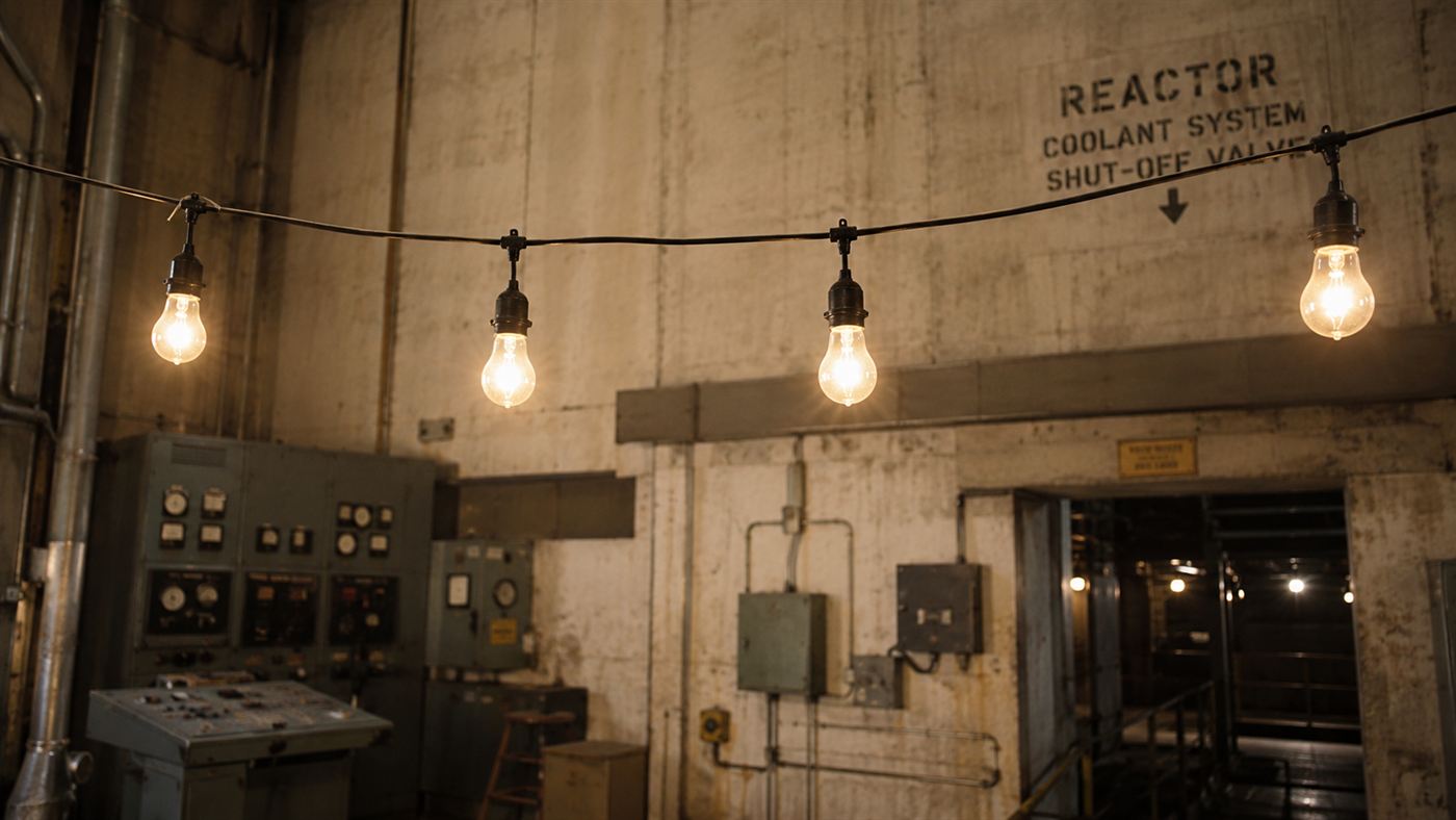 Four glowing incandescent light bulbs on a wire in a 1950s reactor building, as at EBR-1
