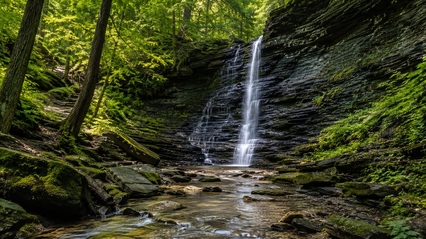 A green forested shale gorge with a thin waterfall dropping over dark layered rock into a stream