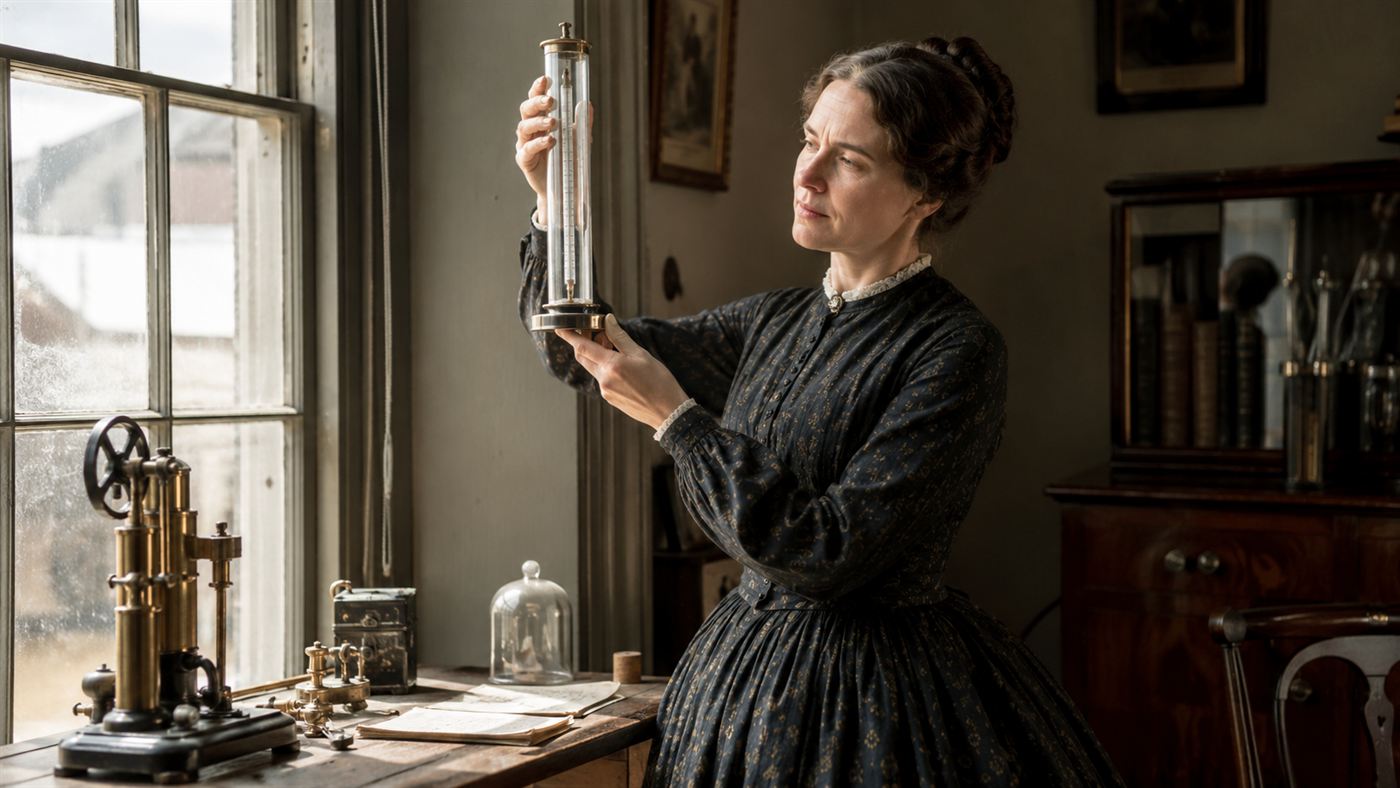 A woman in a mid-19th-century dress in a sunlit home study, holding a tall glass cylinder with a thermometer up to the sunlight, with brass scientific instruments on the table
