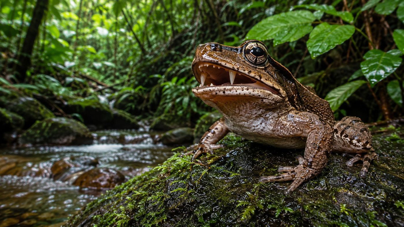 A brown fanged frog sitting on a wet rock beside a forest stream, its mouth showing small bony fang-like projections