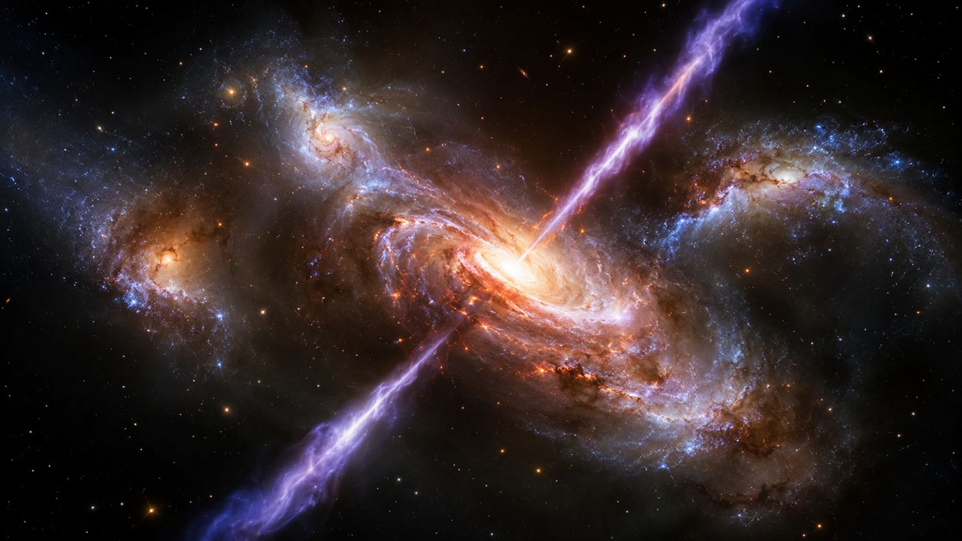 Several bright young galaxies merging together around a glowing central supermassive black hole in deep space