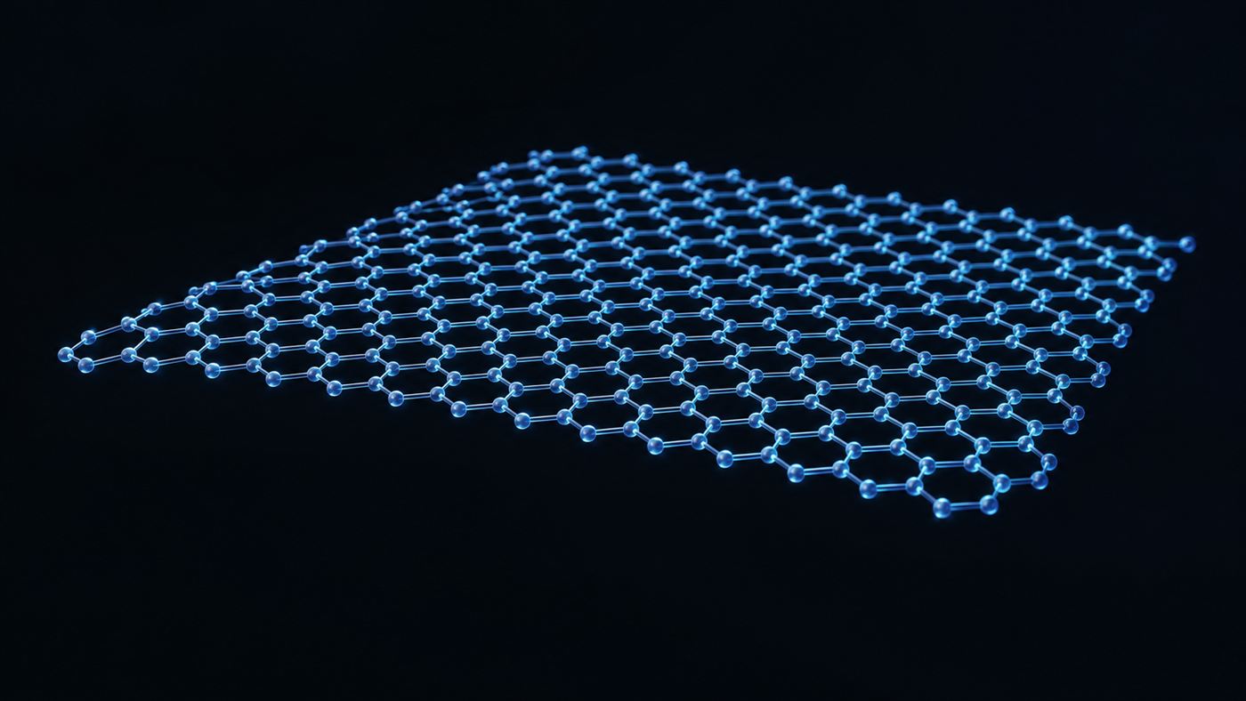 A visualisation of a single-atom-thick graphene sheet, carbon atoms arranged in a glowing blue honeycomb lattice