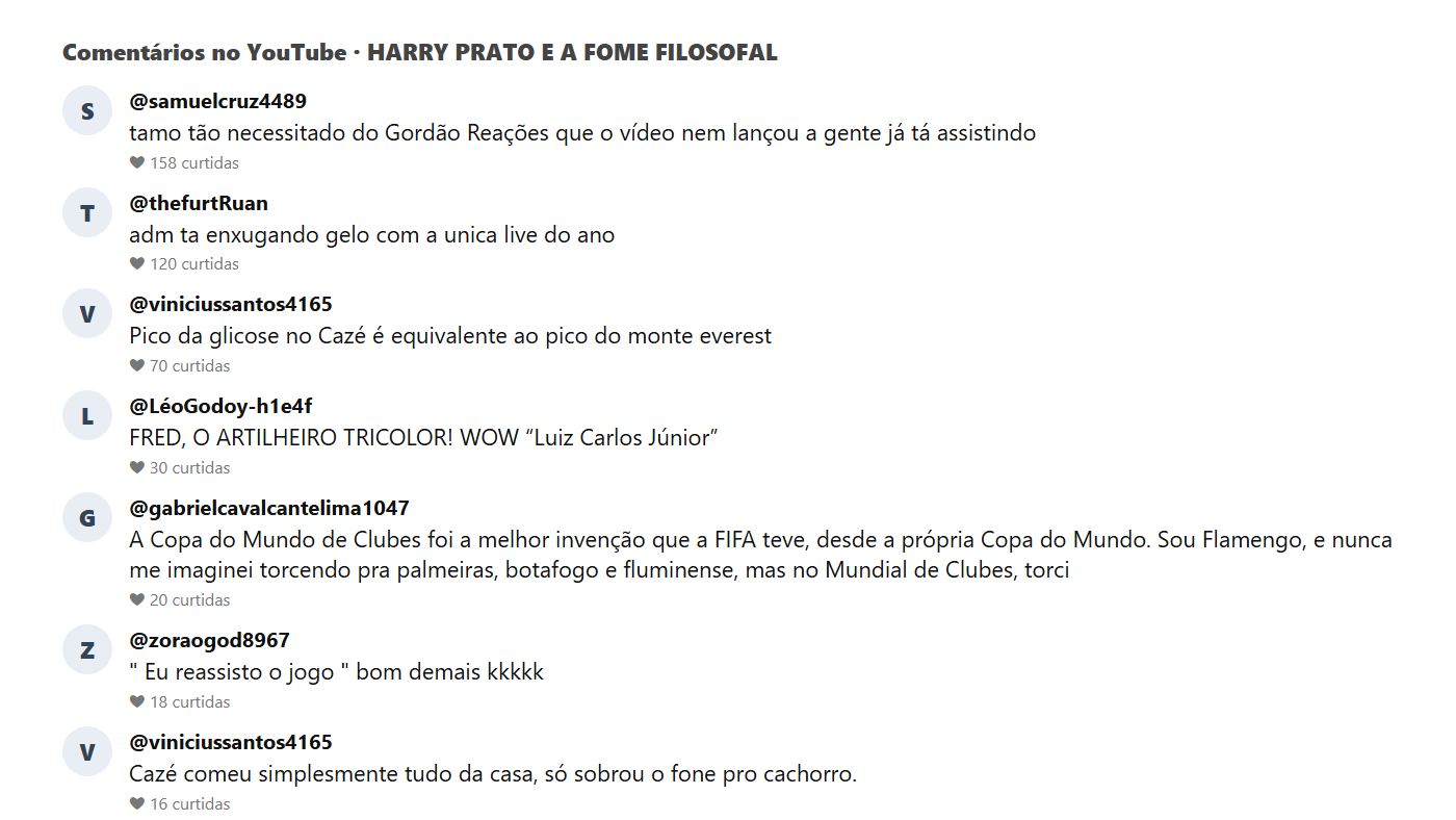 Print dos comentários do público reagindo ao vídeo de Casimiro sobre o trailer de Harry Potter