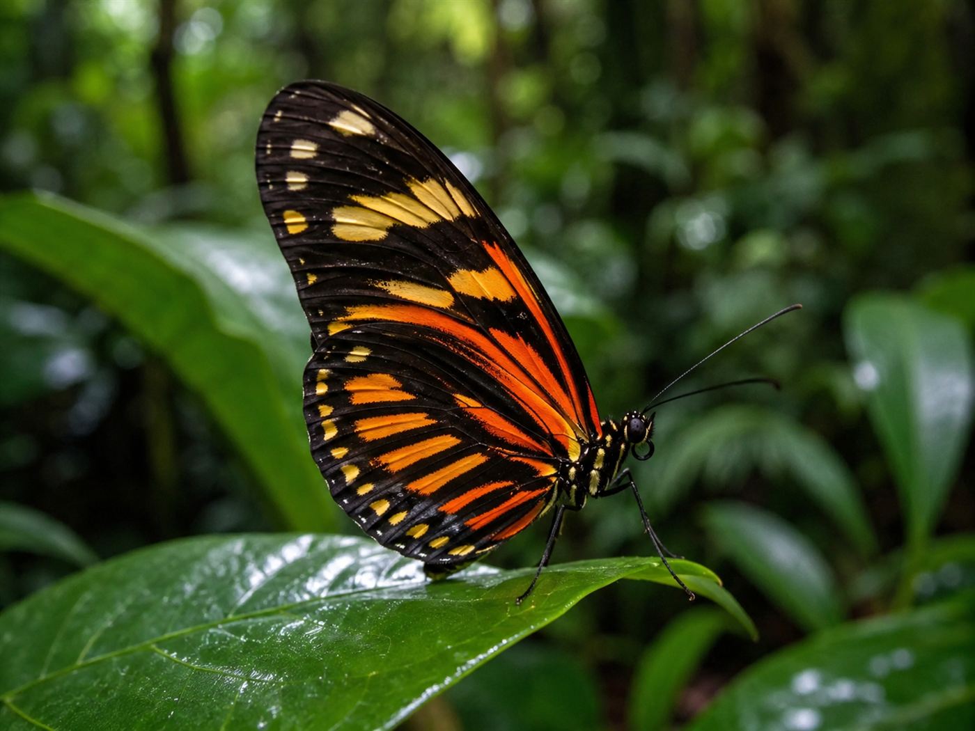 Close-up of one of the Heliconius butterflies, a black tropical butterfly with bright orange and yellow wing markings, resting on a green leaf