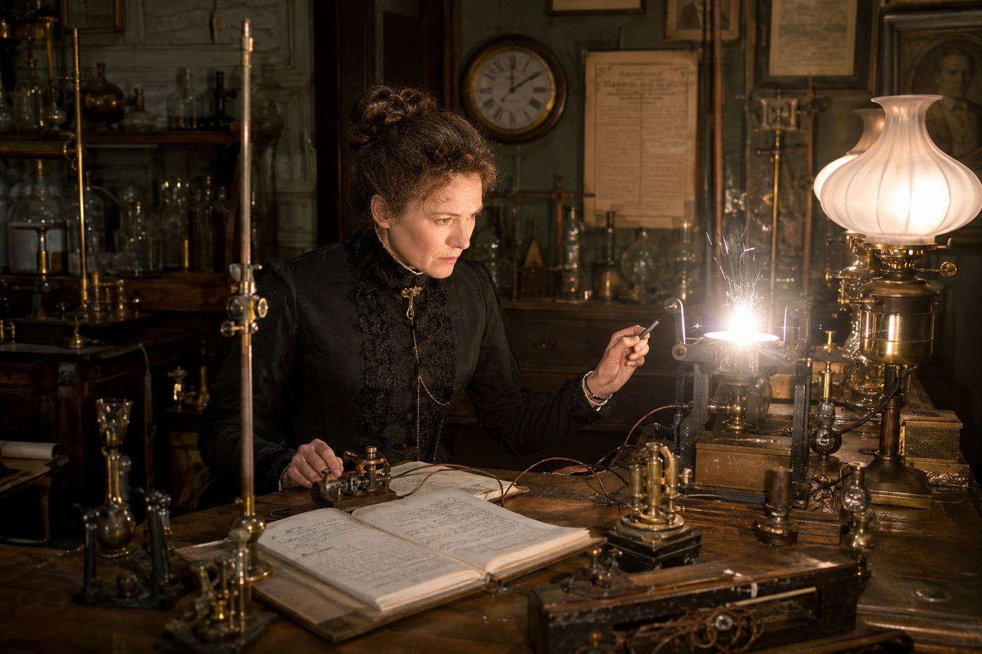 A Victorian woman scientist in a dark dress studying a bright carbon electric arc lamp on a laboratory bench, representing Hertha Ayrton