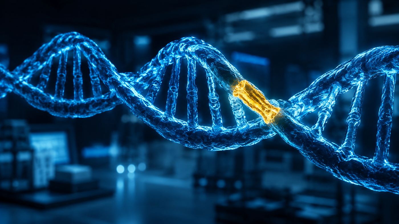 A glowing DNA double helix with a section being edited, illustrating in vivo gene editing inside the human body