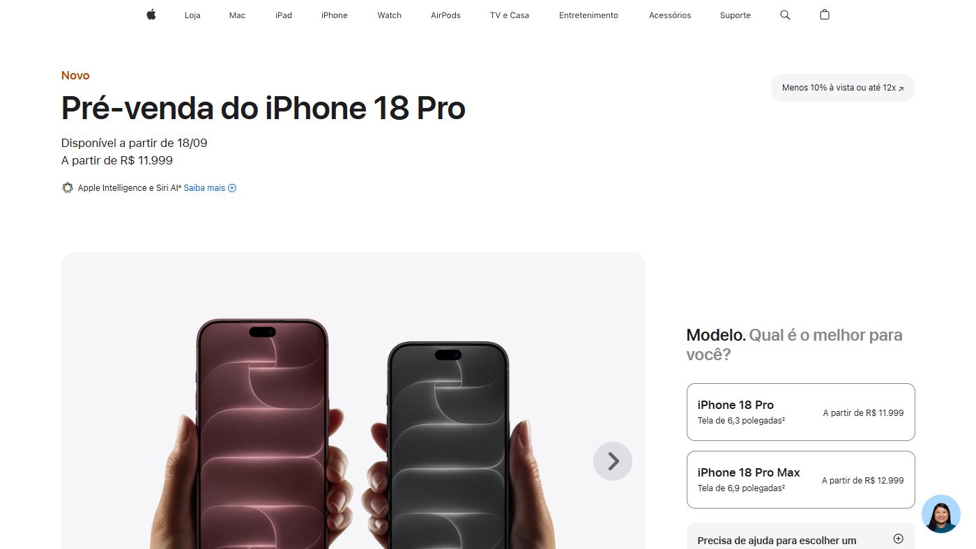 Página oficial da Apple Brasil mostrando os preços do iPhone 18 Pro e do iPhone 18 Pro Max