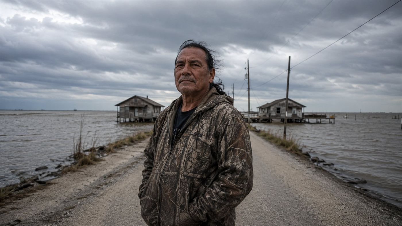 A Biloxi-Chitimacha-Choctaw tribal elder standing on the narrow road of Isle de Jean Charles, Louisiana, with open Gulf water visible on both sides and weathered wooden houses behind him in overcast light