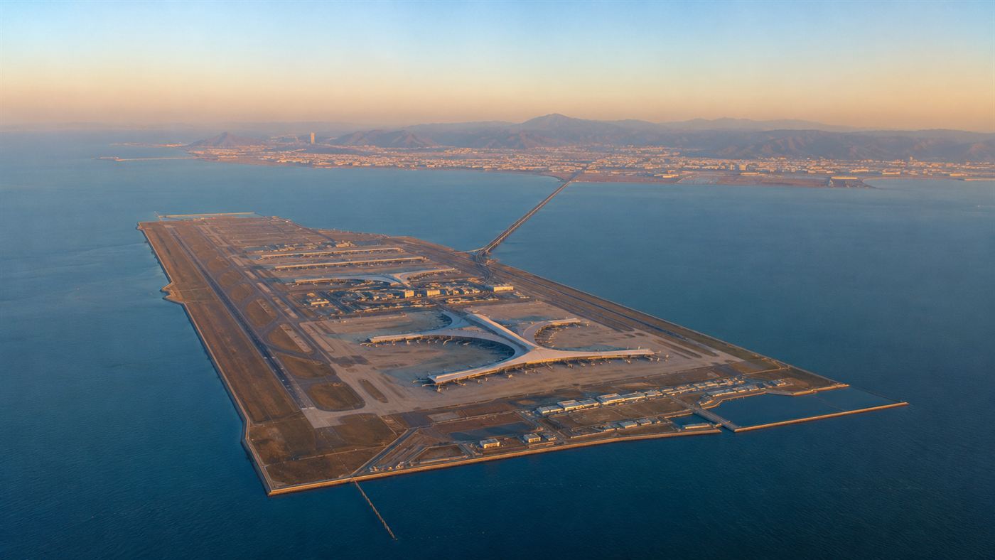 Aerial view of a vast rectangular artificial island airport in a calm blue sea, with long runways and terminals and a slender bridge connecting it to the distant mainland at golden hour