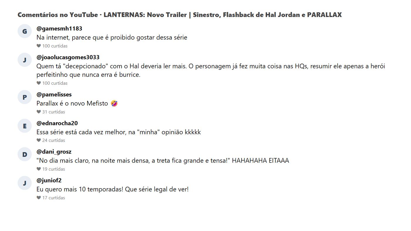 Comentários do público no vídeo do trailer de Lanternas no YouTube