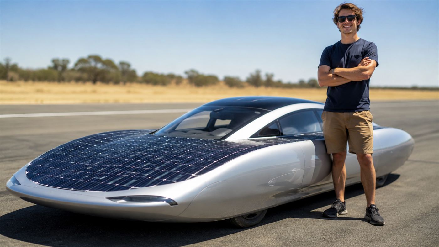 A young engineer standing beside a long sleek silver solar-electric car whose roof and bonnet are covered in dark solar cells, on a sunny test track