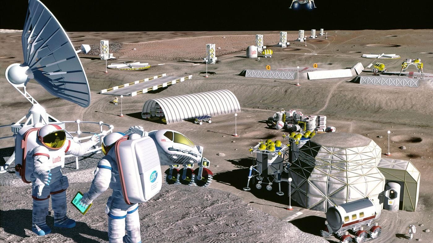 Ilustração de uma base lunar com astronautas, veículos e estruturas, o tipo de colônia lunar analisado pelo estudo