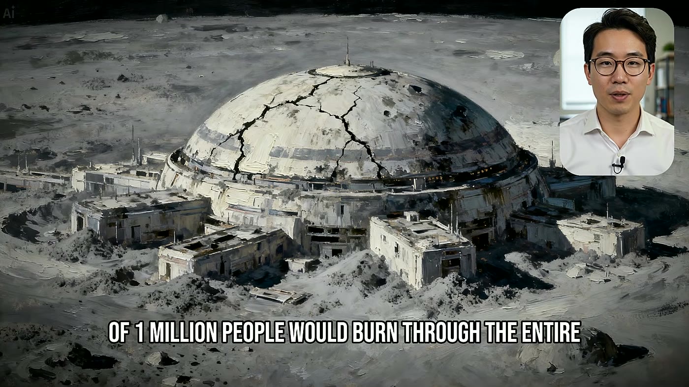 Ilustração do vídeo do canal Umbra sobre o estudo de Harvard que calculou quanto tempo a água lunar sustentaria uma cidade de 1 milhão de pessoas