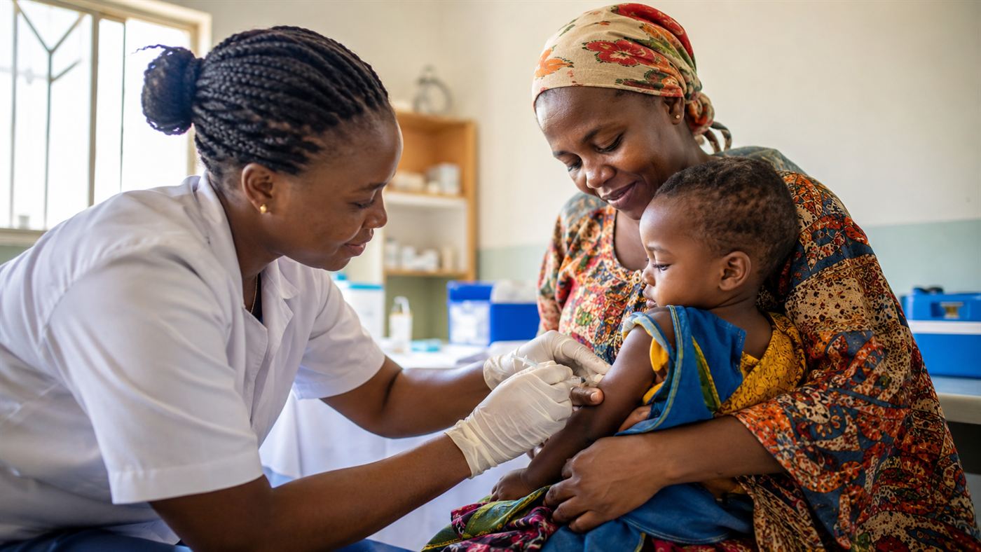 A health worker giving a malaria vaccine to a young child at a clinic in Africa, a parent holding the child