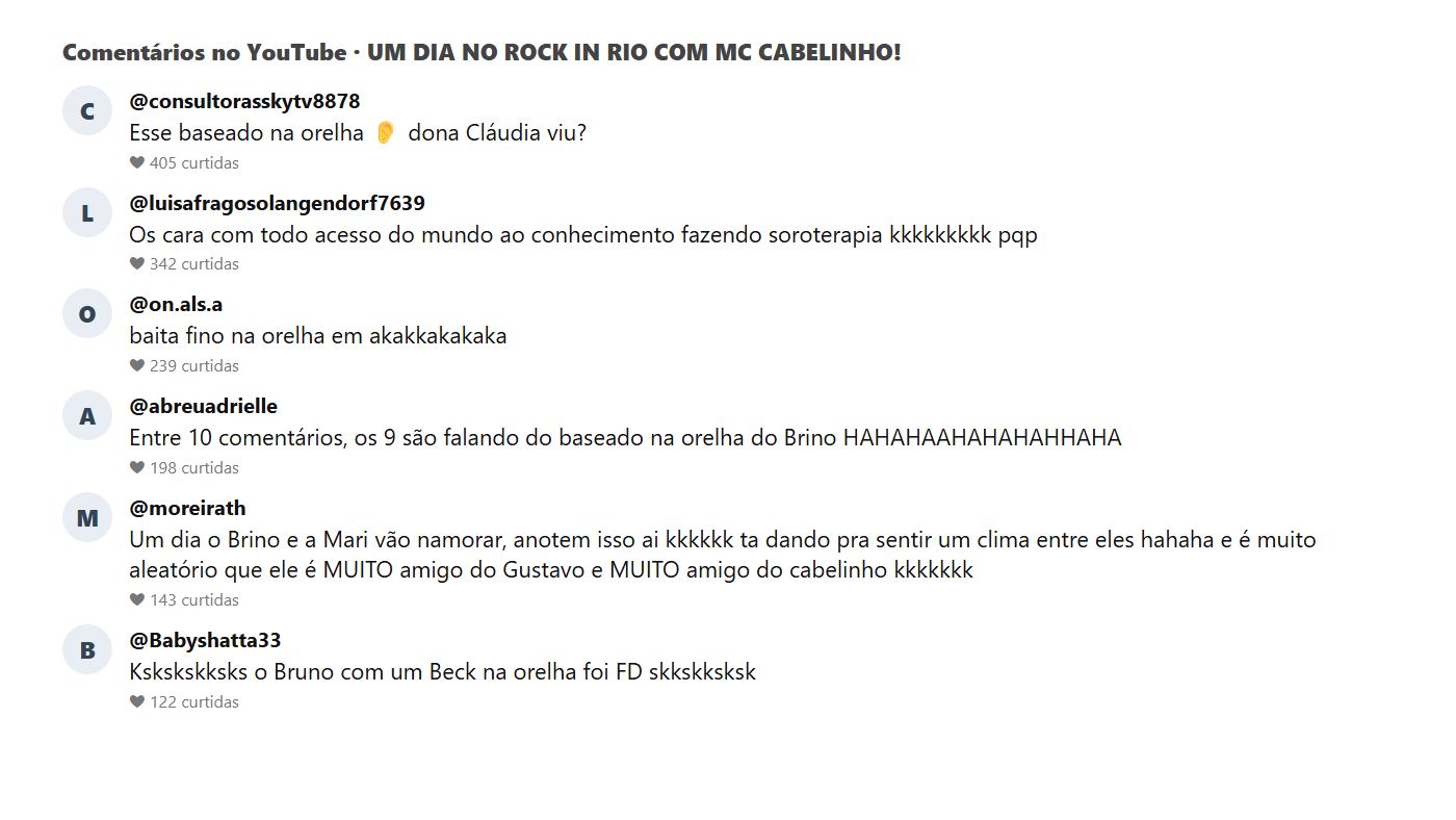 Print dos comentários do público no vídeo de MC Cabelinho no Rock in Rio