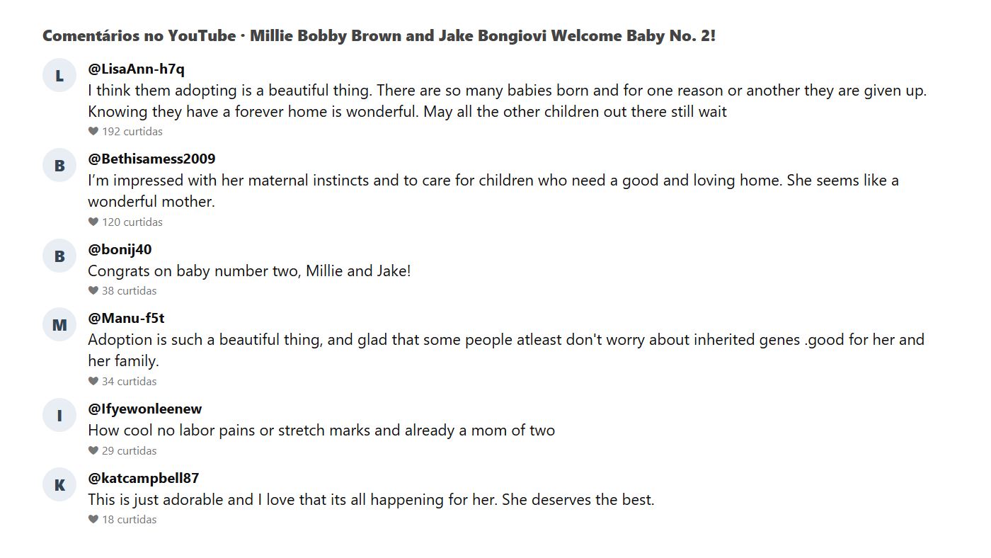 Comentários do público no vídeo sobre o segundo filho de Millie Bobby Brown
