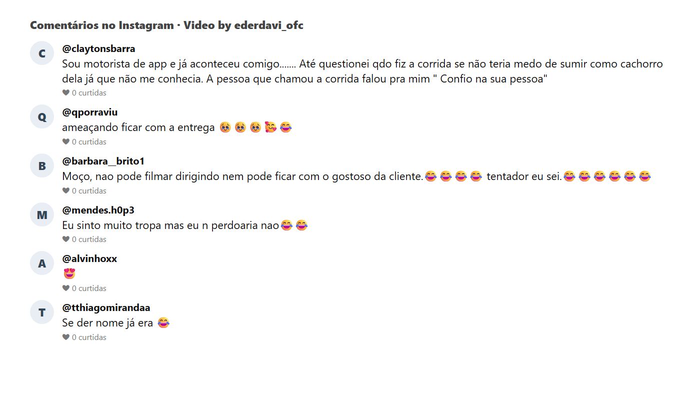 Comentários do público no Instagram sobre o motorista de aplicativo e o filhote de cachorro