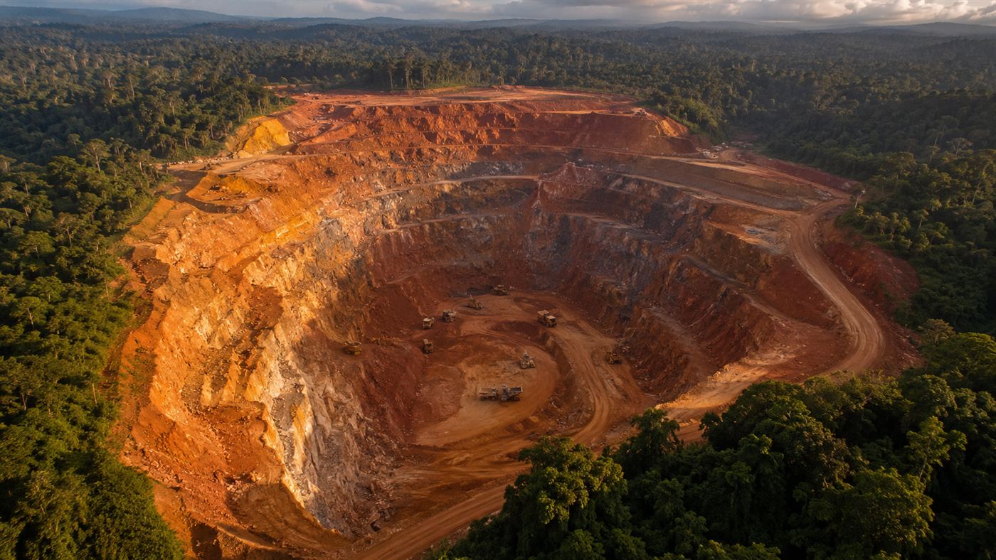 The Oklo natural nuclear reactor site, an open-pit uranium mine in Gabon with reddish-orange excavated rock walls and heavy mining equipment, surrounded by dense equatorial forest