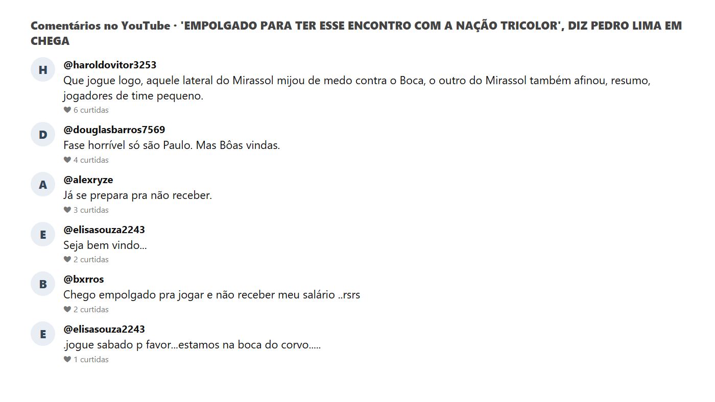 Print dos comentários do público no vídeo de chegada de Pedro Lima ao São Paulo no YouTube