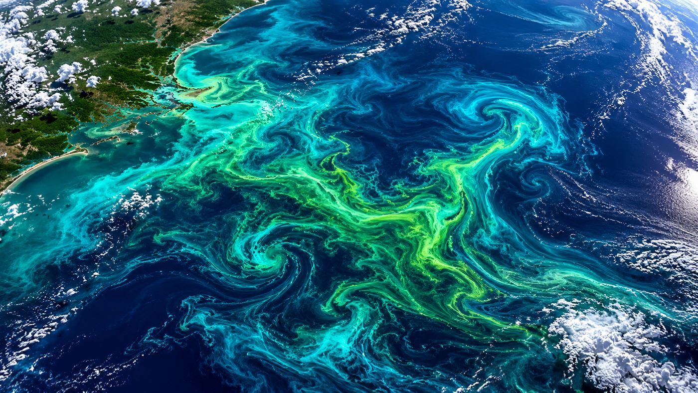 A vast swirling turquoise and green phytoplankton bloom in the deep blue ocean seen from far above