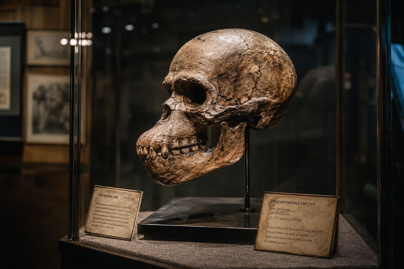 A reconstructed brown fossil skull of Piltdown Man displayed on a stand in a museum, part human cranium and ape-like jaw