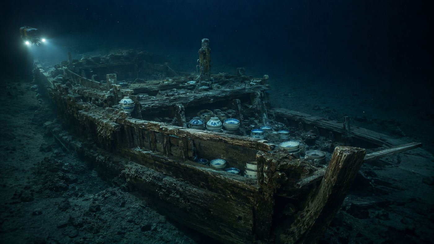 The Porcelain Wreck on the dark seabed, an old wooden ship's timbers surrounded by stacks of intact white and blue porcelain dishes