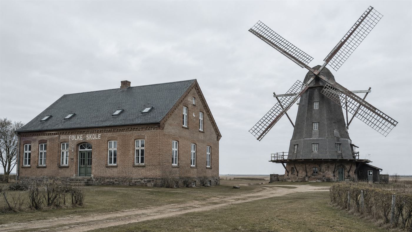 A 19th-century Danish experimental windmill with four sails beside a folk school building, representing Poul la Cour's wind power work