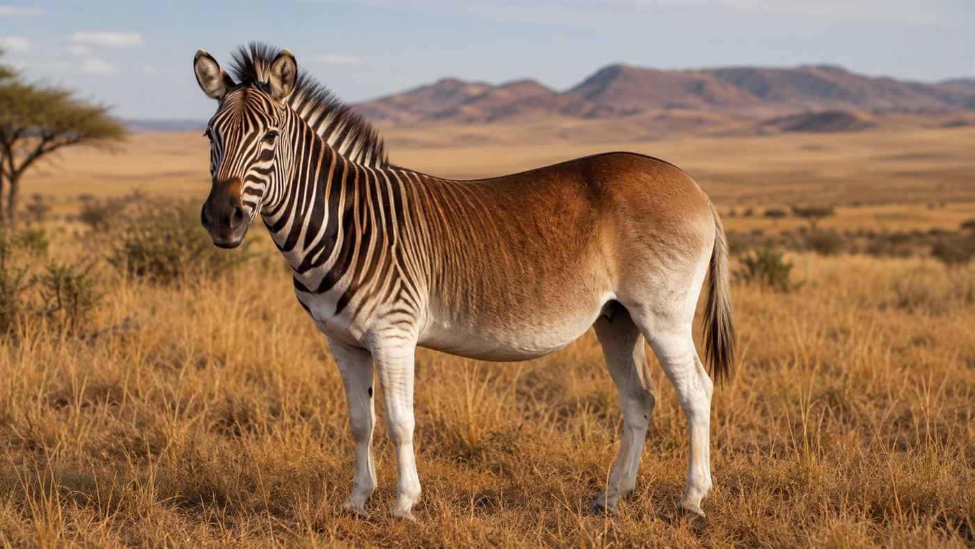 A quagga standing on African grassland, striped on the head and neck and fading to plain brown on the body and white legs