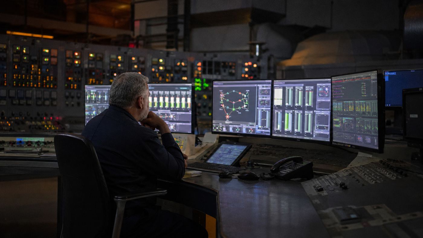 A power station control engineer sits at a bank of monitors in a dimly lit industrial control room on the final day of operation, staring at screens showing a unit going offline