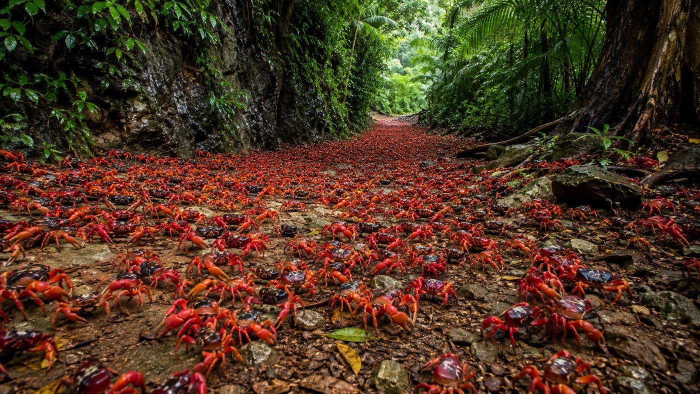 A dense carpet of thousands of bright red crabs covering the rainforest floor on Christmas Island