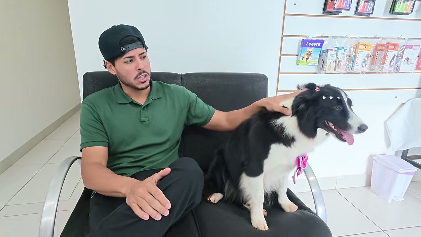 Renato Garcia agachado ao lado da cachorra Sky e dos filhotes da primeira ninhada