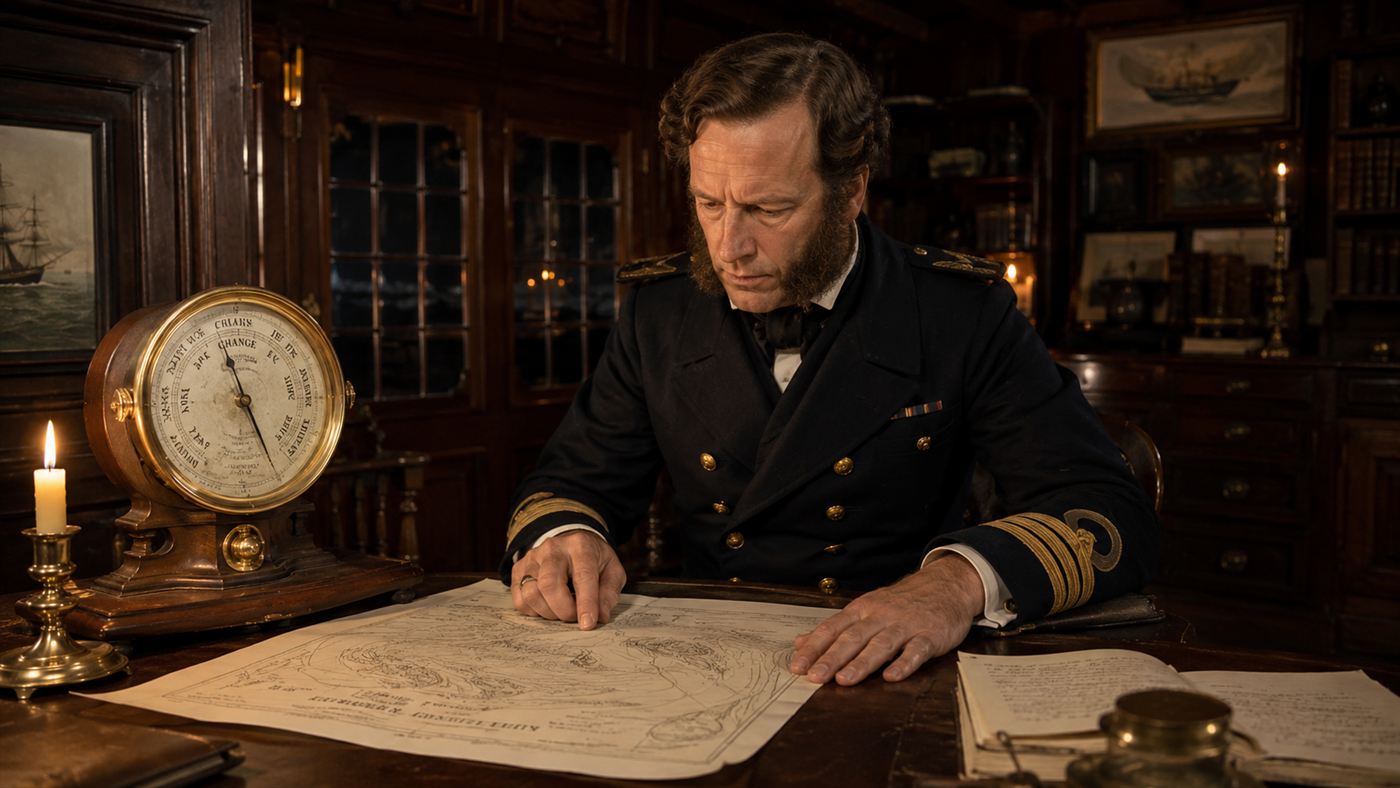 A Victorian naval officer in uniform studying a weather chart and barometer by candlelight, representing Robert FitzRoy