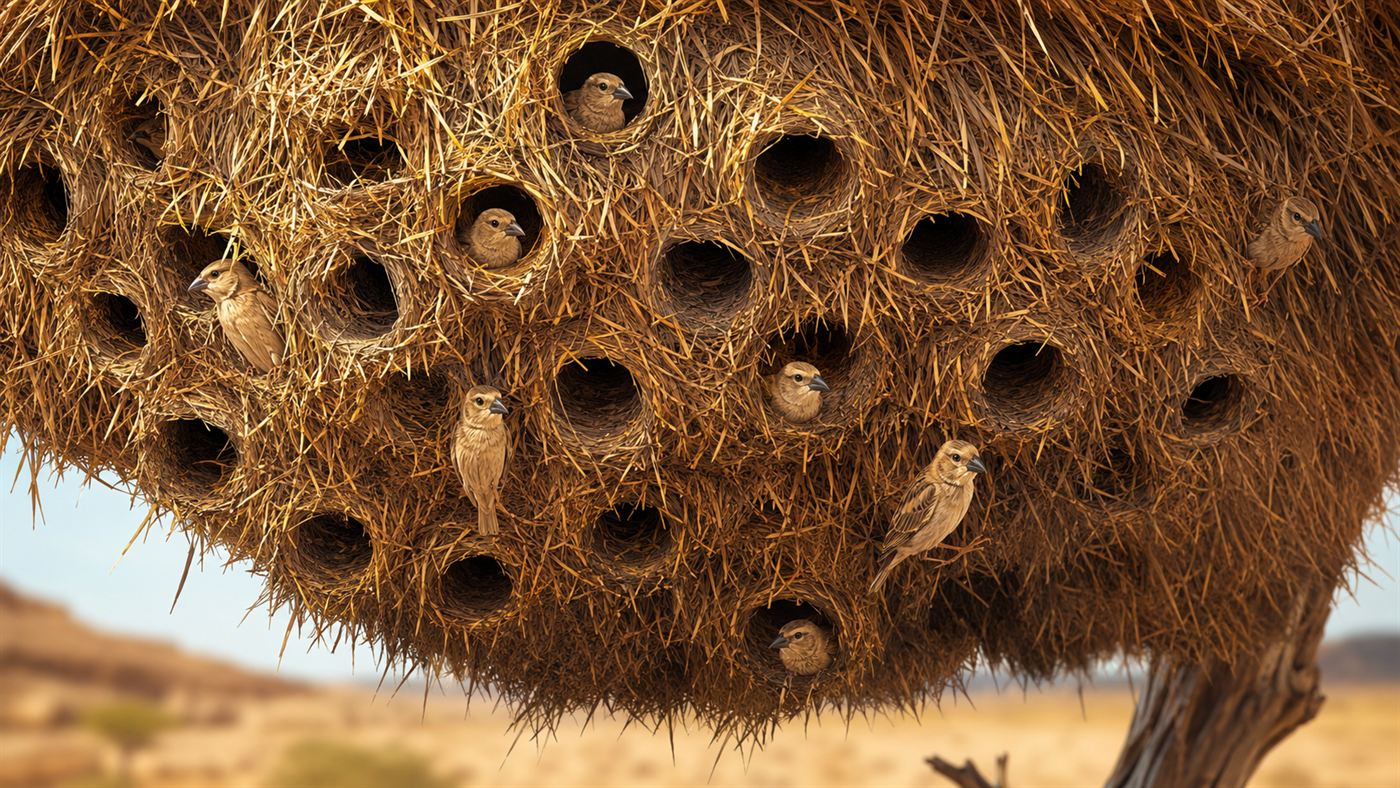 Close-up of the underside of a sociable weaver nest showing many round entrance tunnels with small birds peeking out