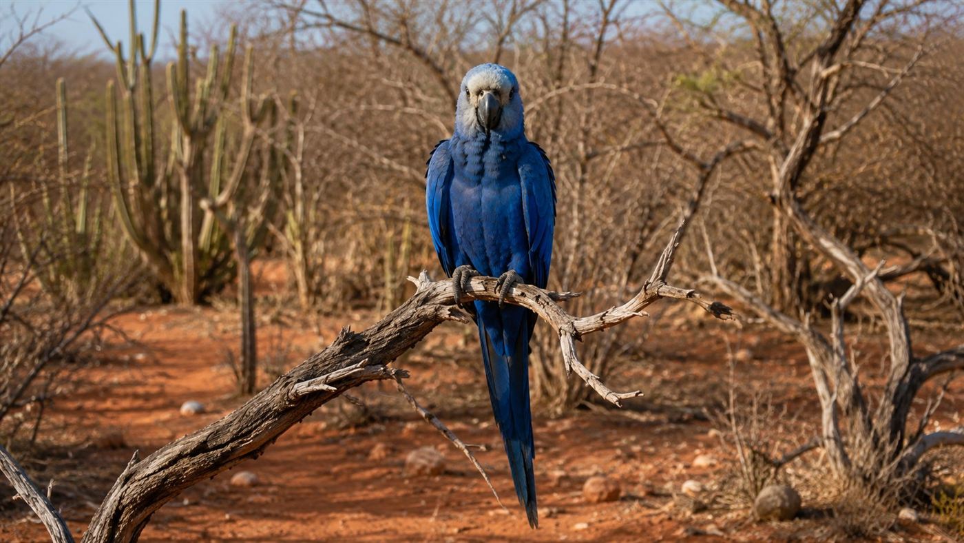 A small brilliant blue Spix's macaw perched on a dry twisted branch in the sparse Caatinga scrubland of northeast Brazil, with reddish sandy ground and sparse thorny vegetation in the background at golden afternoon light