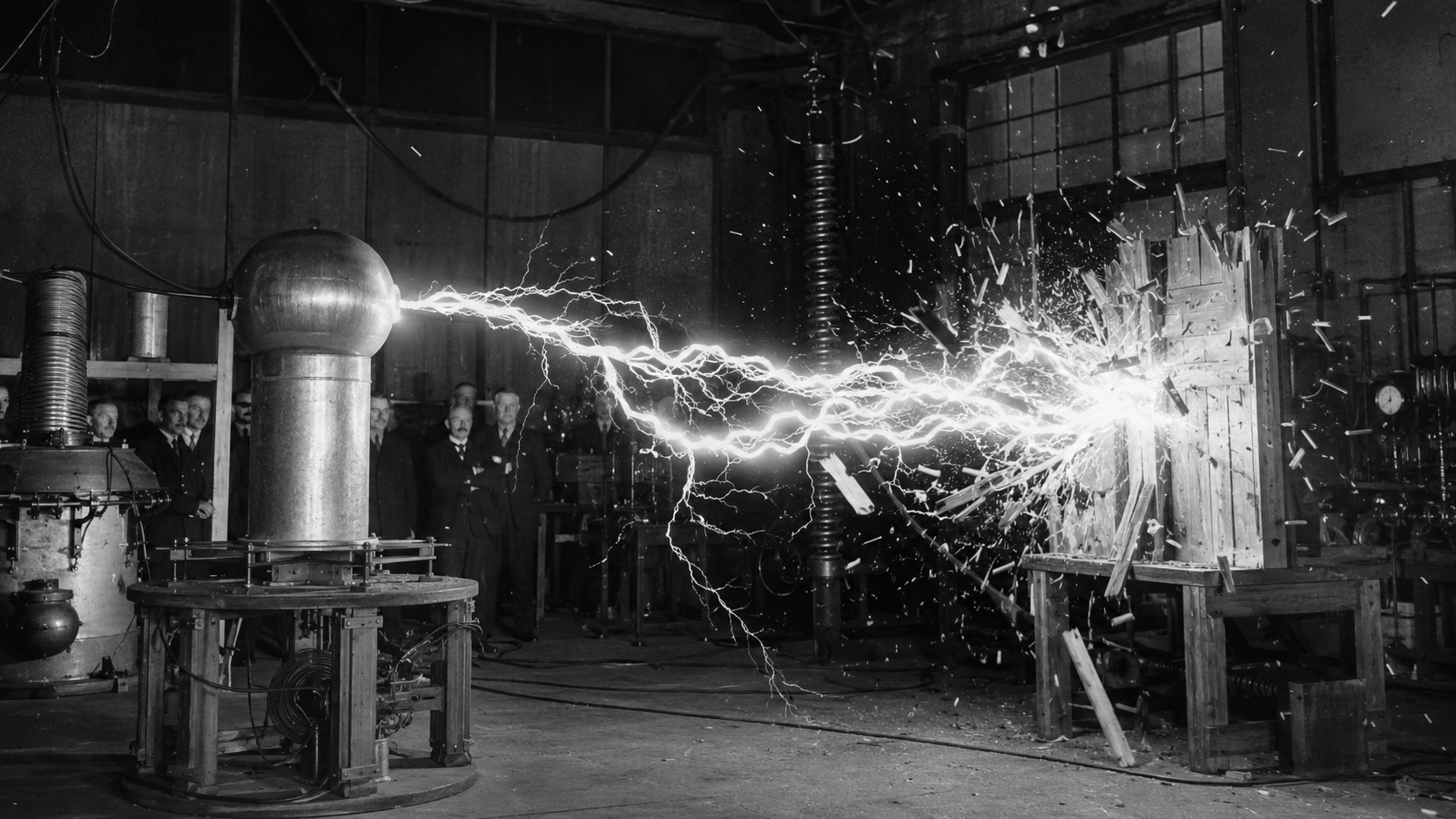 A brilliant man-made lightning bolt arcing across a 1920s laboratory and shattering a wooden block while observers watch