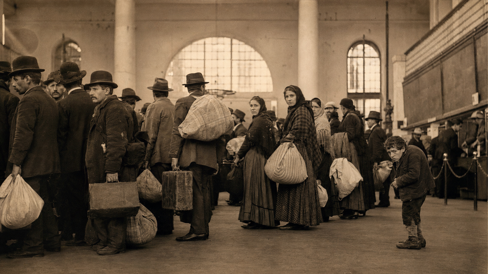 A short hunchbacked young immigrant standing alone among taller crowds in a crowded Ellis Island processing hall around 1888