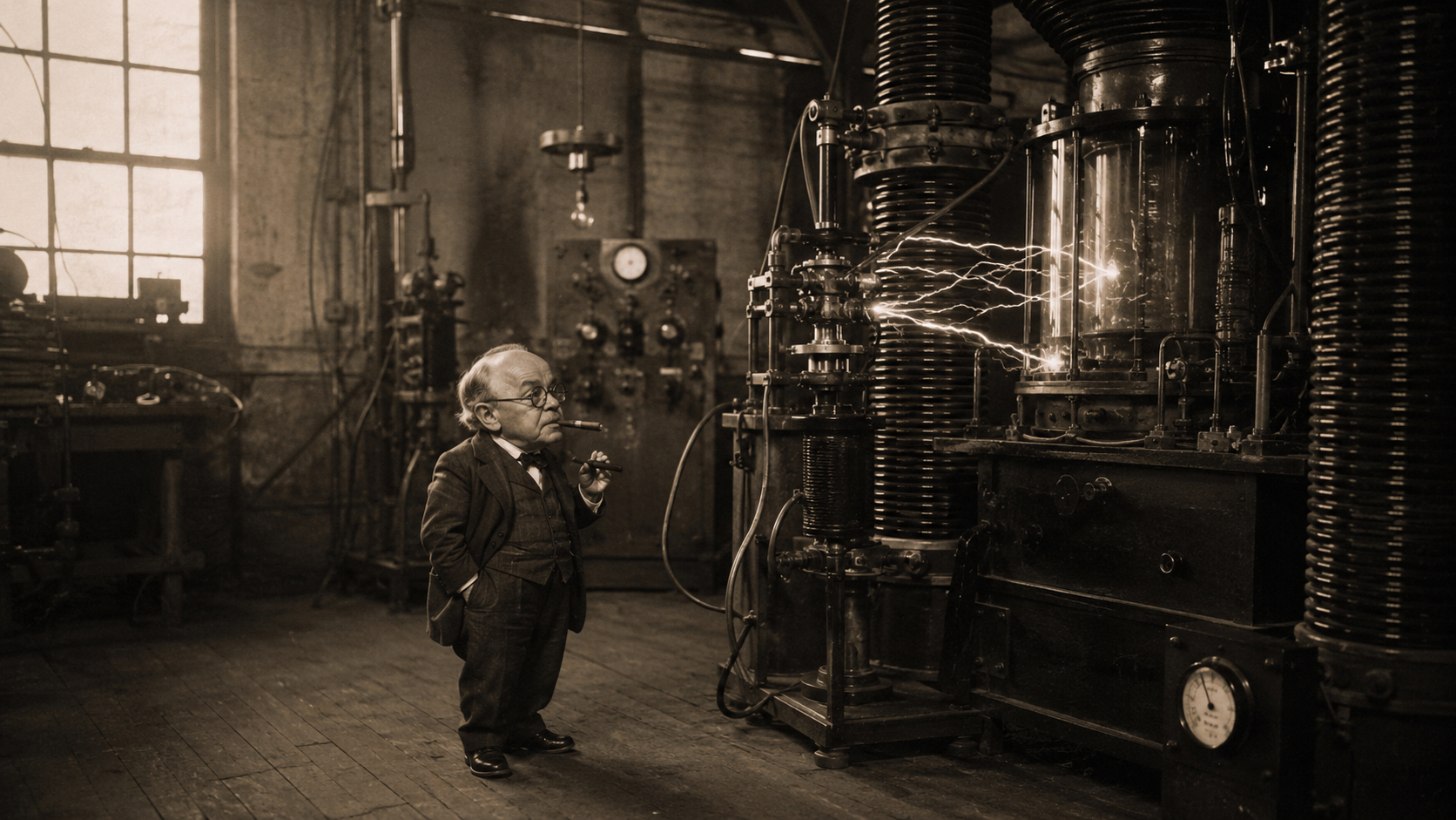 Charles Steinmetz, a short hunchbacked man in spectacles, standing beside crackling electrical apparatus in a dim laboratory