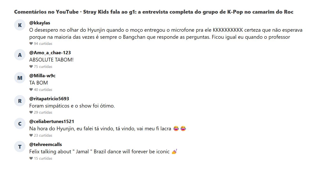 Print dos comentários do público no vídeo de entrevista do Stray Kids no Rock in Rio