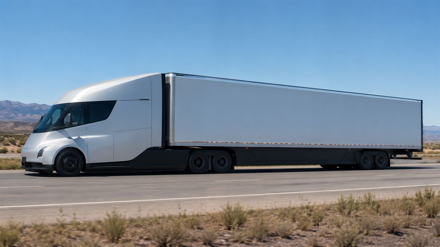A sleek aerodynamic Tesla Semi electric truck hauling a trailer along an open American highway under a clear sky