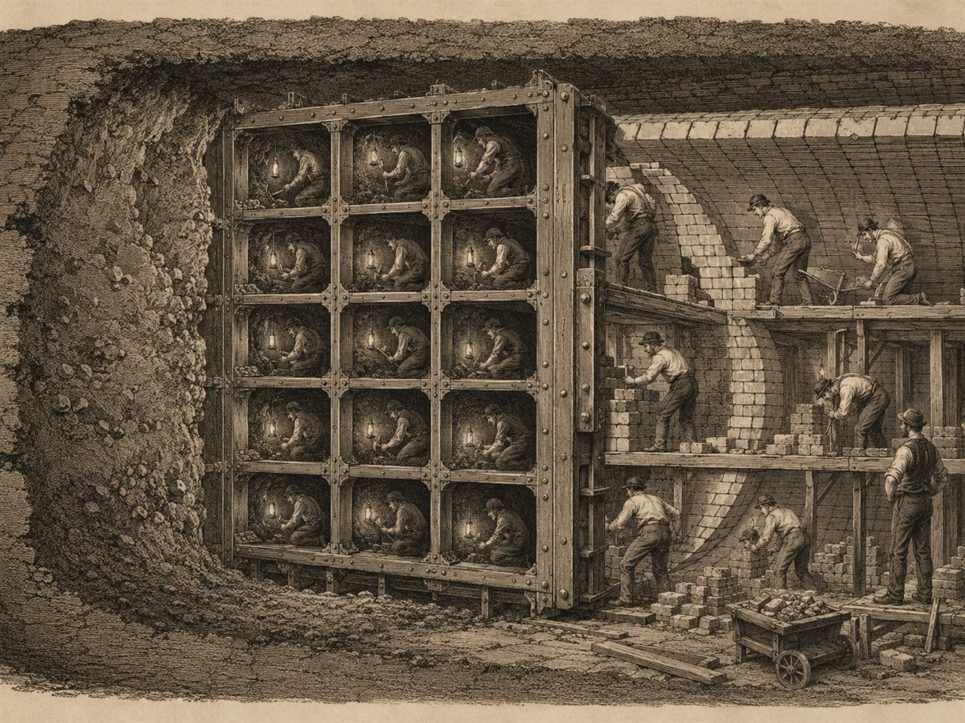 Miners working inside the cells of Marc Brunel's iron tunnelling shield at the face of the Thames Tunnel