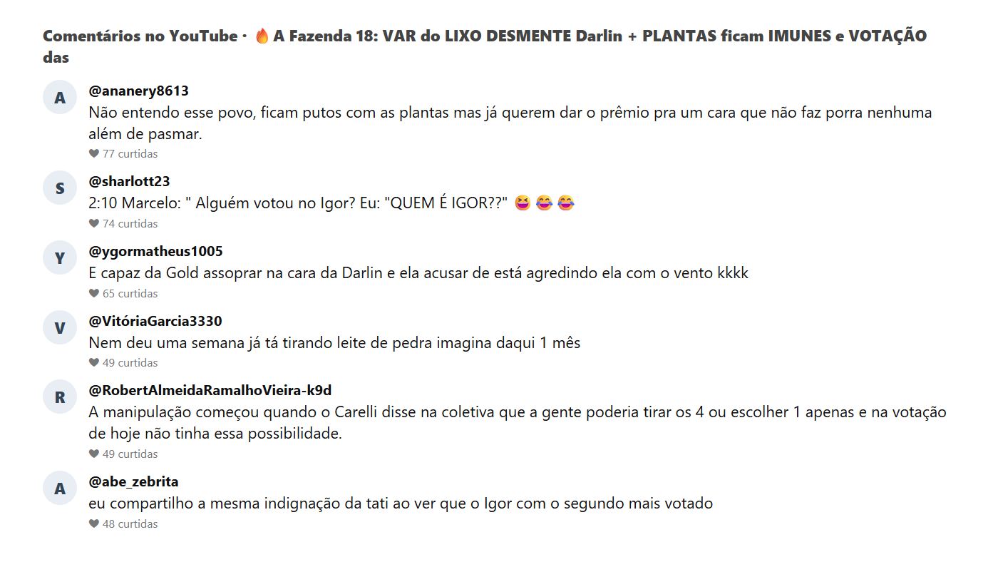 Comentários do público no YouTube sobre o VAR do lixo na Fazenda 18