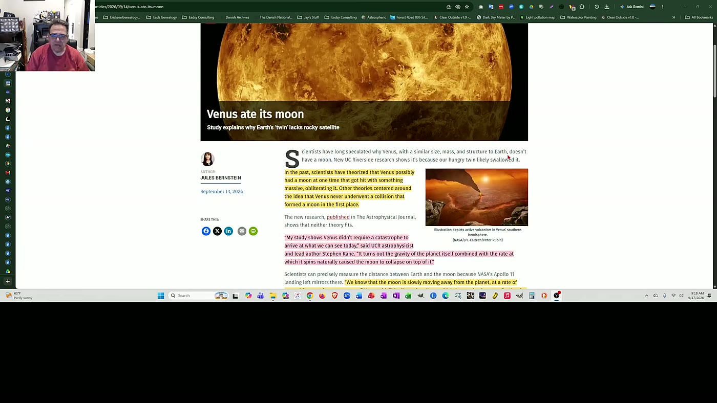 Reportagem da UC Riverside sobre o estudo de Stephen Kane que propõe que Vênus engoliu a própria lua, mostrada em vídeo