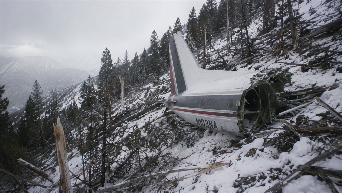 The broken tail section of a 1970s airliner on a snowy wooded mountain slope, where Vesna Vulovic survived her fall