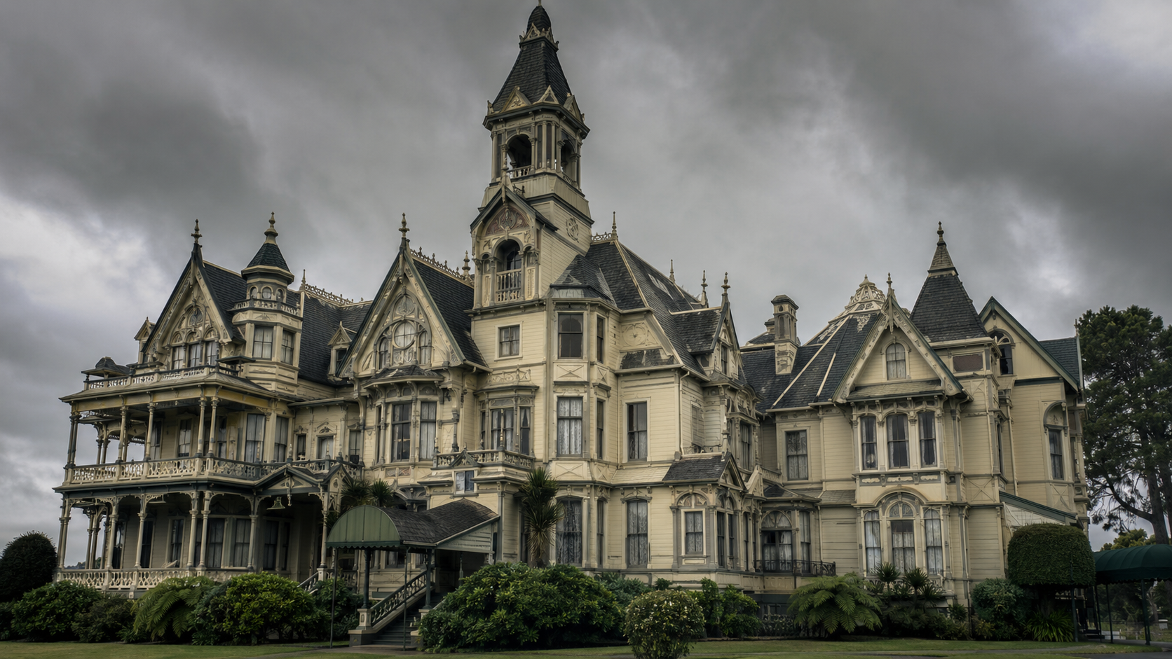 The sprawling Victorian facade of the Winchester Mystery House under a moody sky