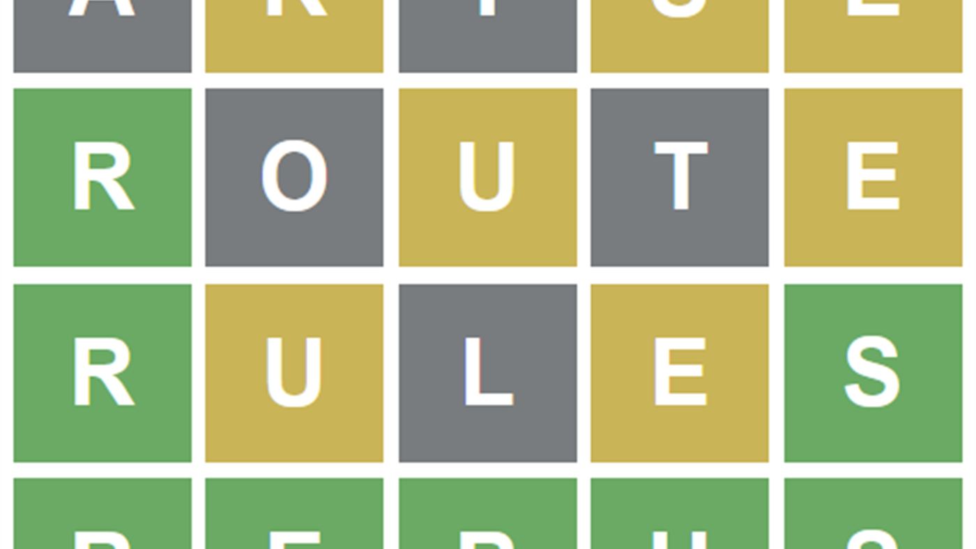 Wordle matemática: exemplo de tabuleiro do Wordle resolvido com letras verdes, amarelas e cinzas