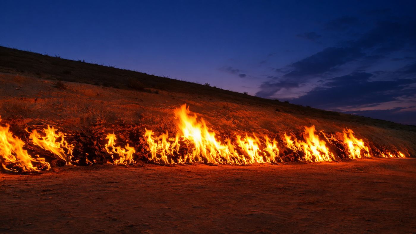 The Yanar Dag hillside in Azerbaijan with natural gas flames rising along the base of a slope at night