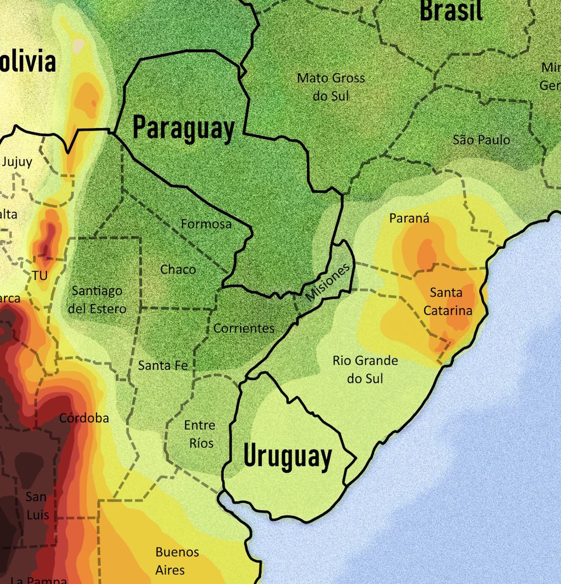 Mapa de probabilidade de granizo grande na América do Sul, com Santa Catarina e o Rio Grande do Sul entre as áreas mais expostas do lado brasileiro