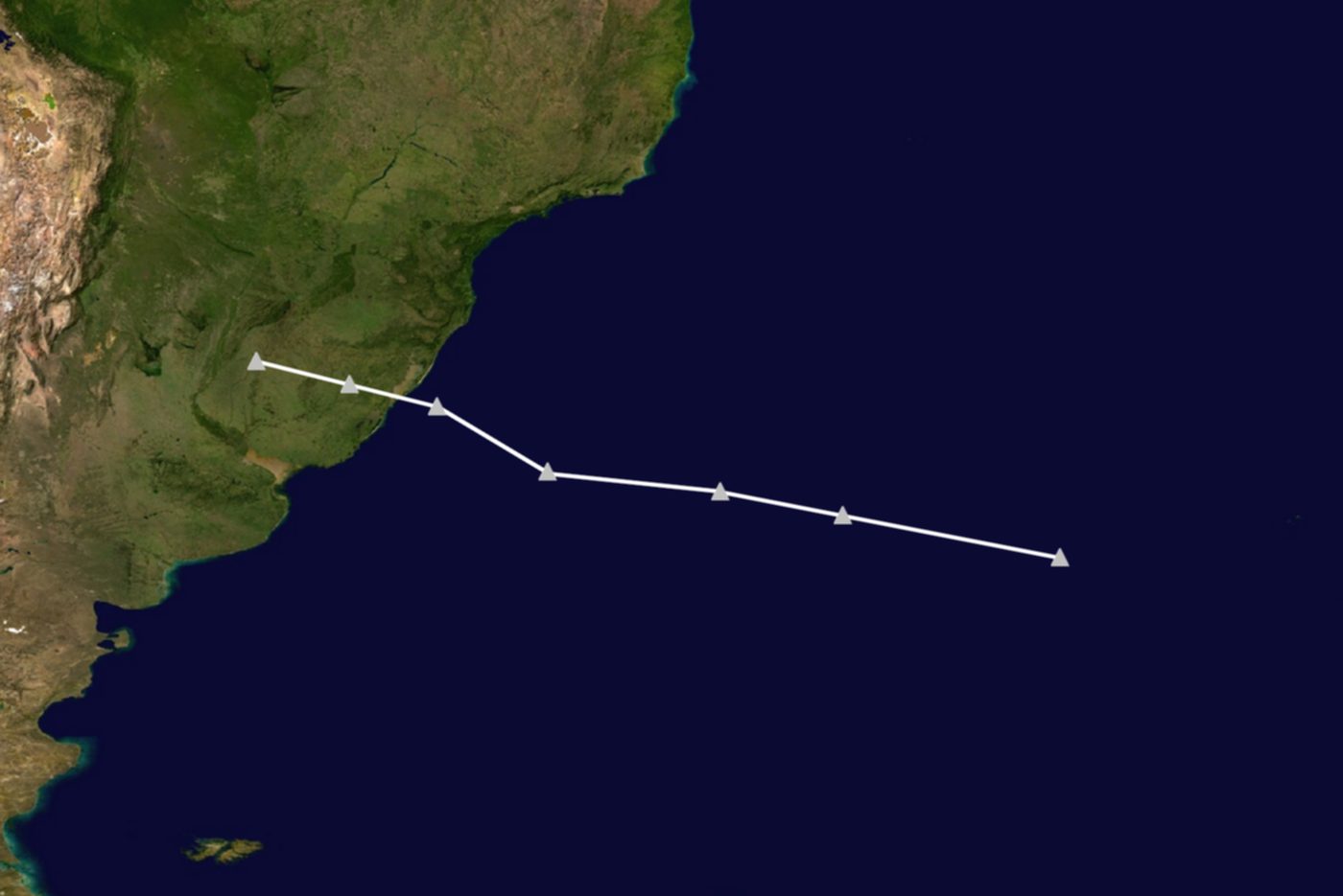 Mapa de trajetória de um ciclone extratropical anterior que cruzou o Sul do Brasil rumo ao oceano Atlântico